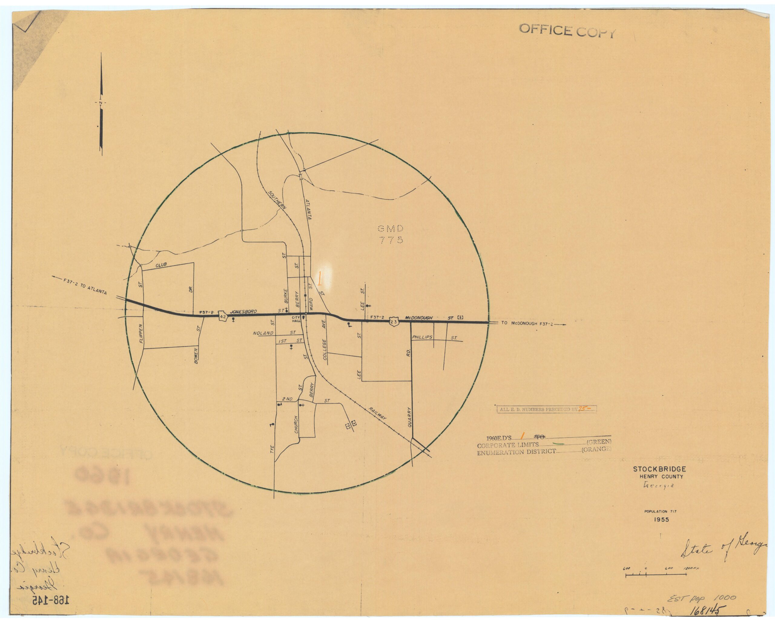Stockbridge 1960 map containing the name Lee Street named for the Lee family
